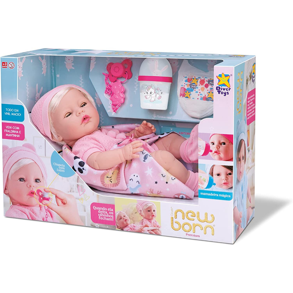 Boneca Diver New Born Premium Menina Chupeta Acende Divertoys