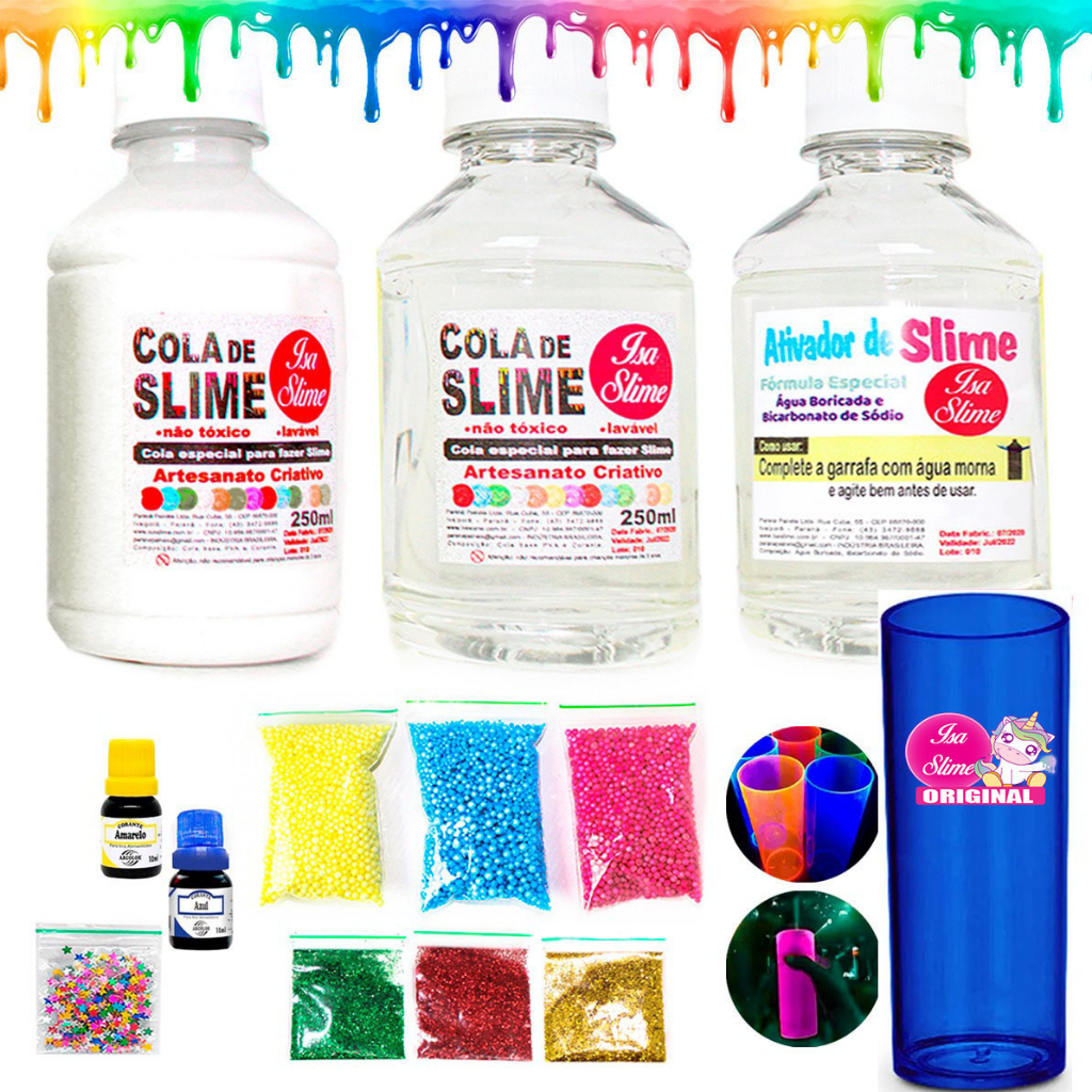 Kit Para Fazer Slime Cola Branca E Transparente Corantes Copo Neon