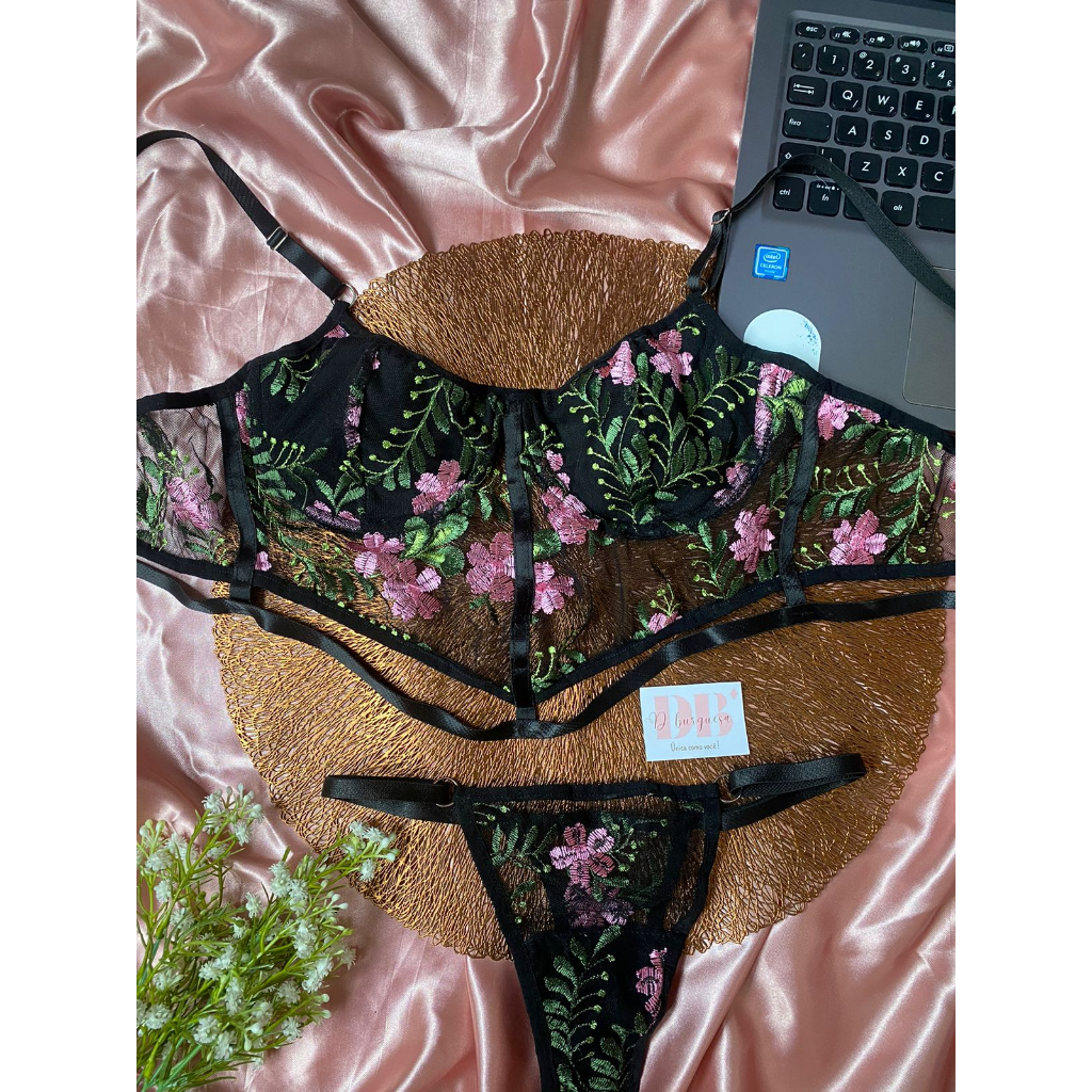 Conjunto Lingerie Tule Florado Shopee Brasil