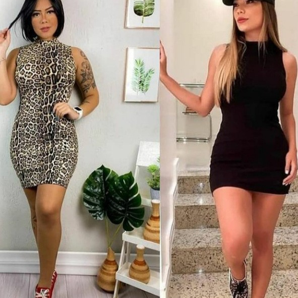 Vestido Feminino Curto Gola Alta Manga Cavada Malha Canelada Tendencia