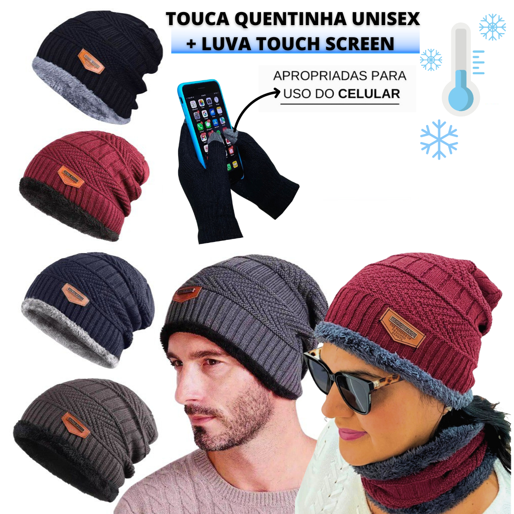 Kit Touca E Luva Touch Screen Unisex Gorro Toca De Frio Feminina Toca