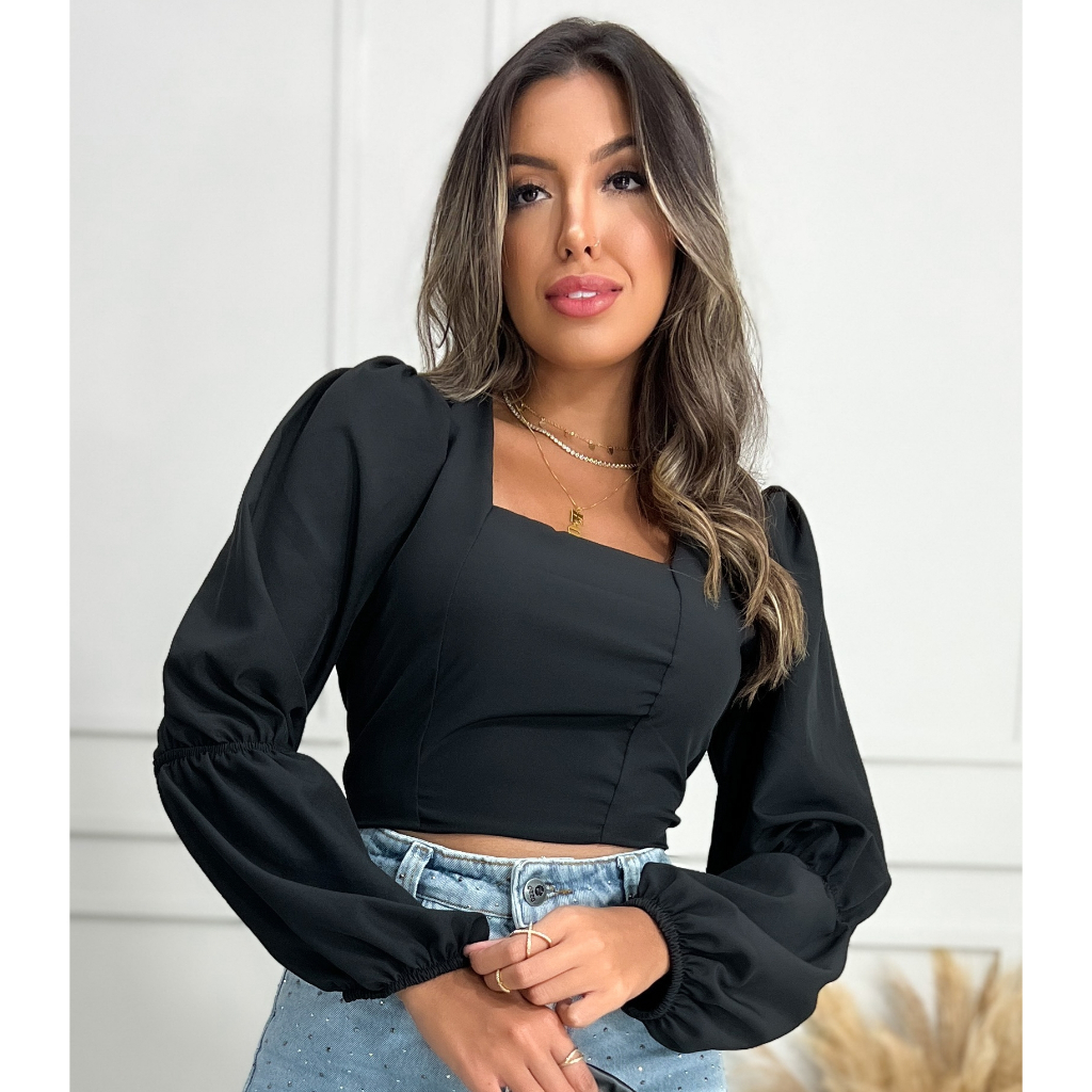 Blusa Cropped Feminino Manga Longa Bufante Princesa Social Shopee Brasil