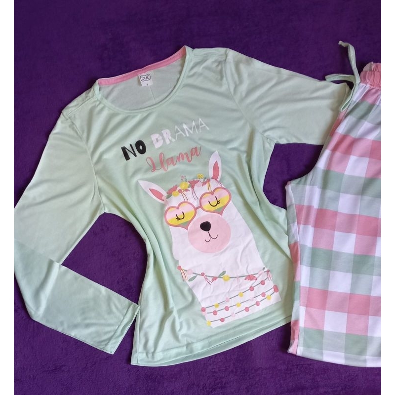 Pijama Longo Feminino Lhama Conjunto De Frio Personagem Roupa De Dormir