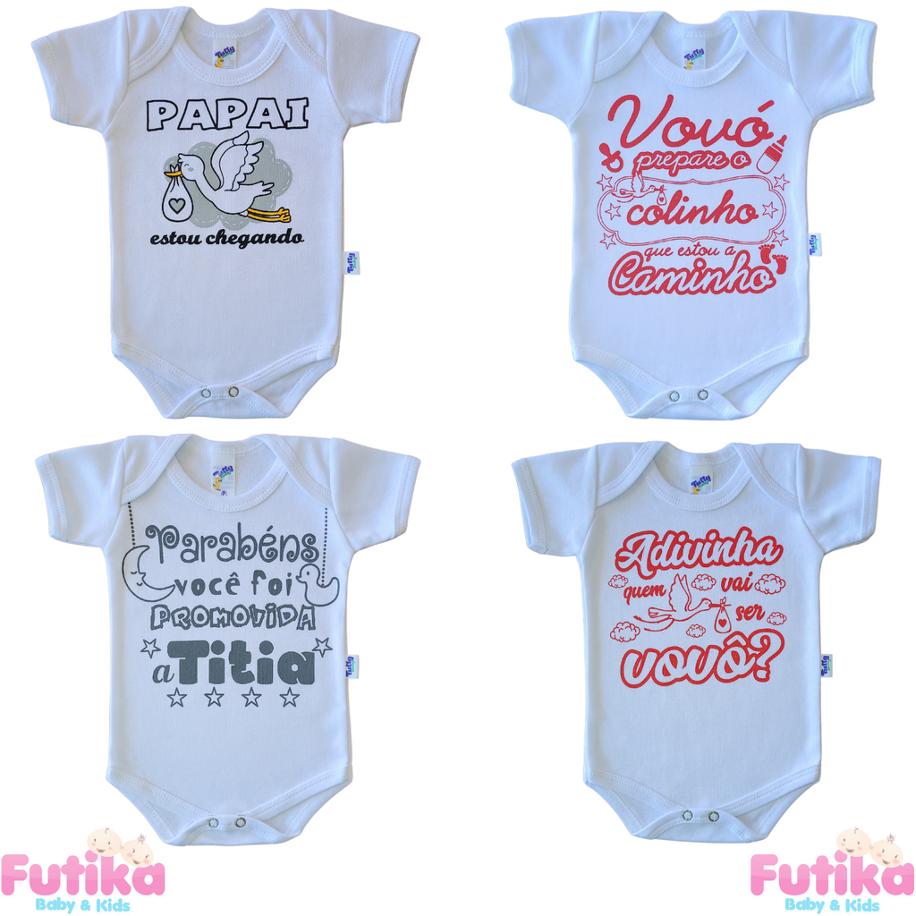 Kit 4 Body Bebê Anunciar Gravidez Papai Vovó Vovô Titia Personagem Baby