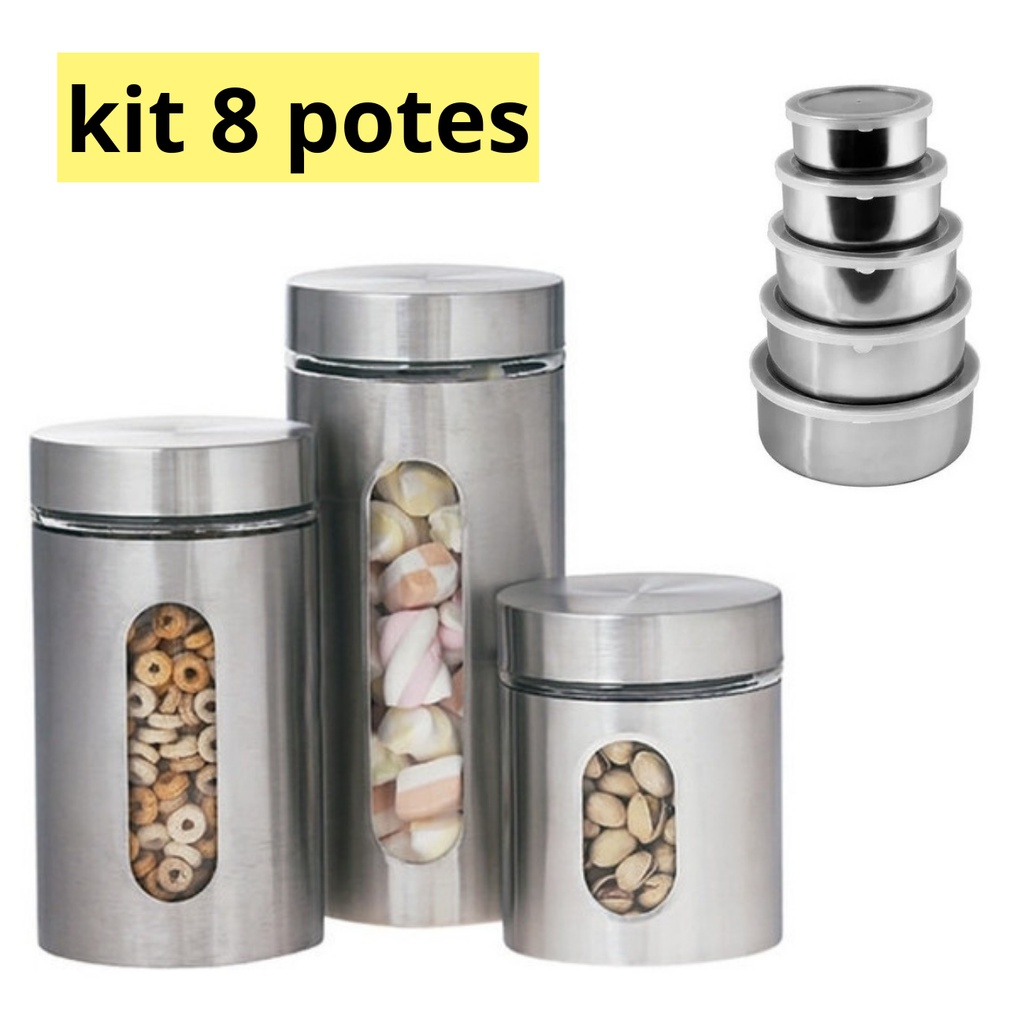 Kit Potes Para Mantimentos De Aço Inox E Vidro Tampa Shopee Brasil