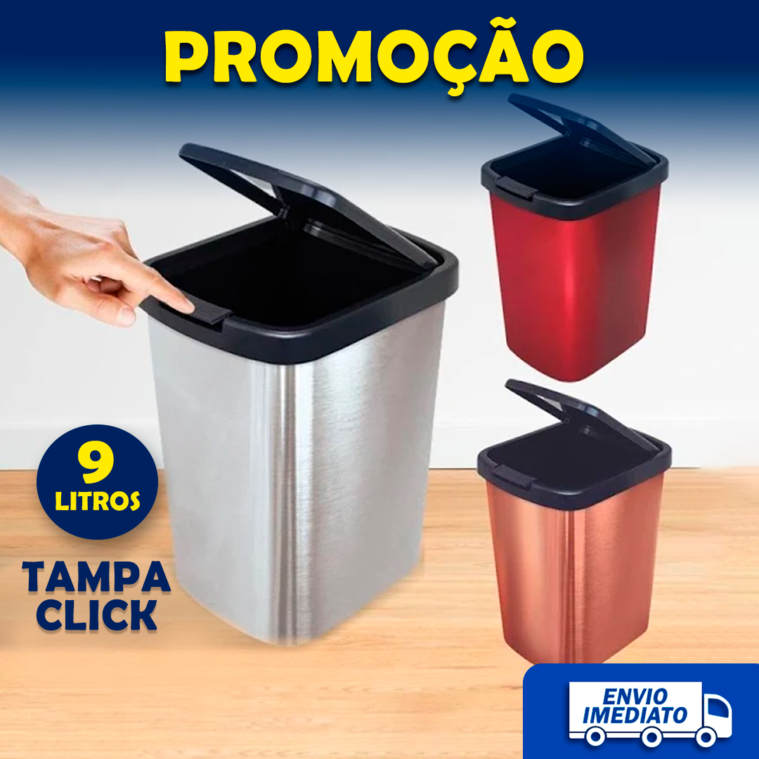 Lixeira Cesto Tampa Click Label 9 Litros Cinza Inox Metalizado