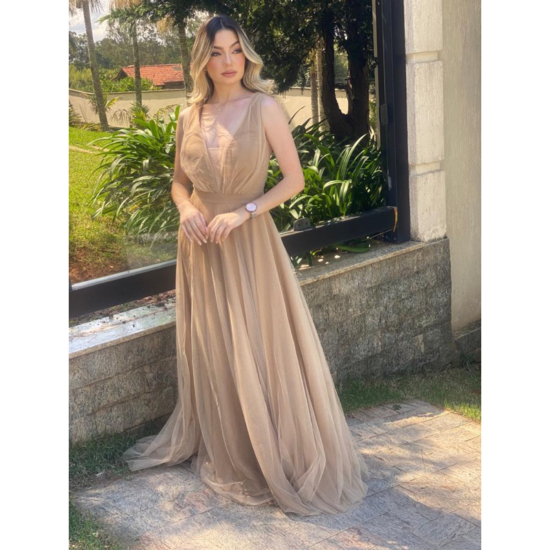 Vestido Formatura Casamento Festa Nude Brilho Shopee Brasil