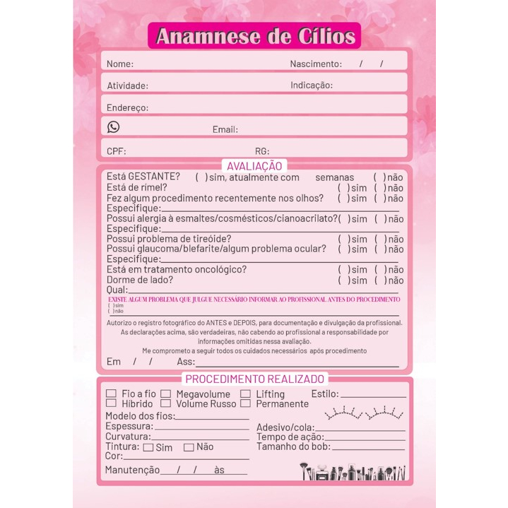 Ficha Anamnese Extens O Alongamento De C Lios C Folhas Shopee Brasil