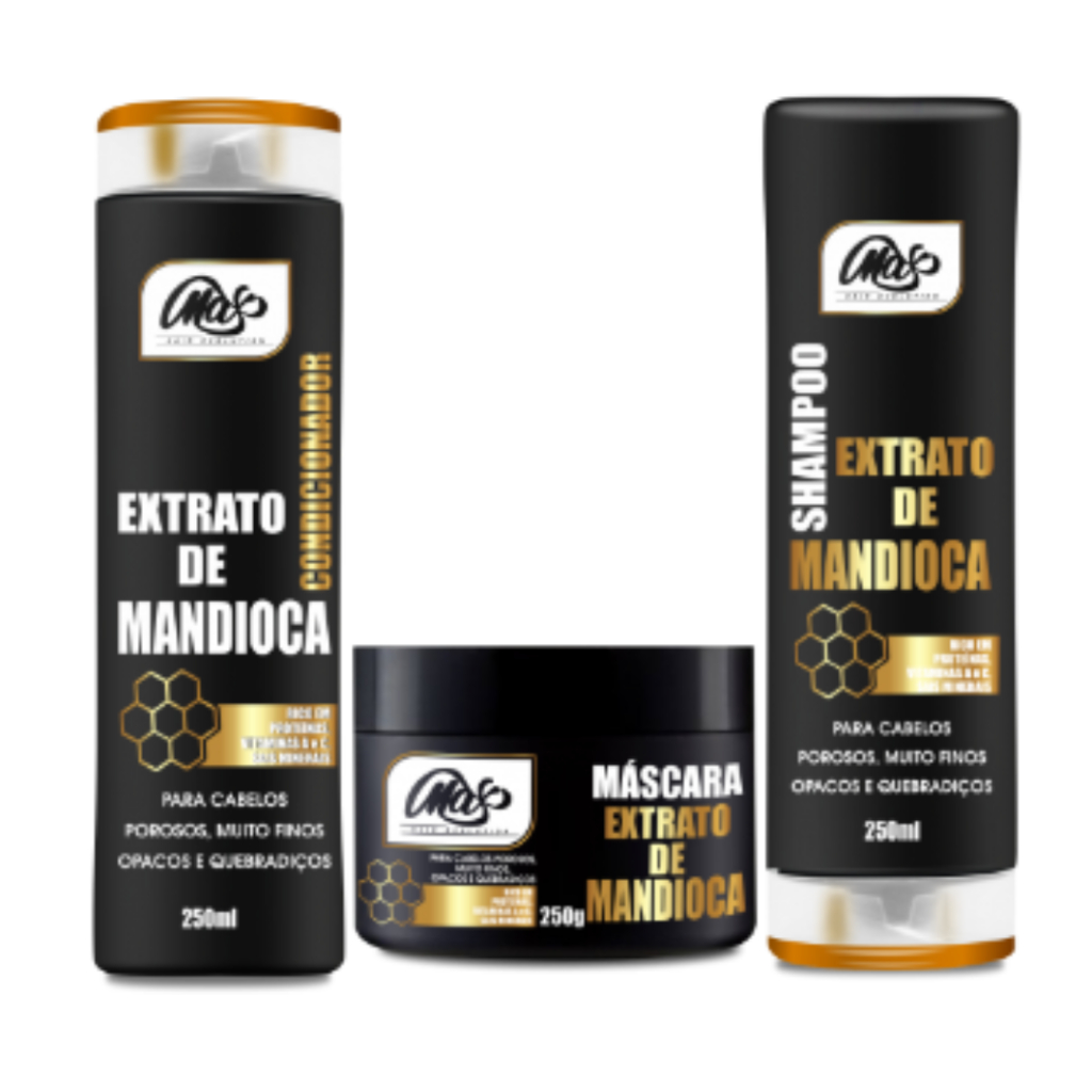 Kit Tratamento Capilar Mandioca Shampoo Condicionador e Máscara 250ml