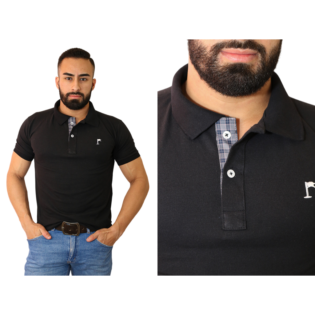 Camisa Polo Masculina Lisa Detalhe Em Xadrez Camiseta Detalhada Plus