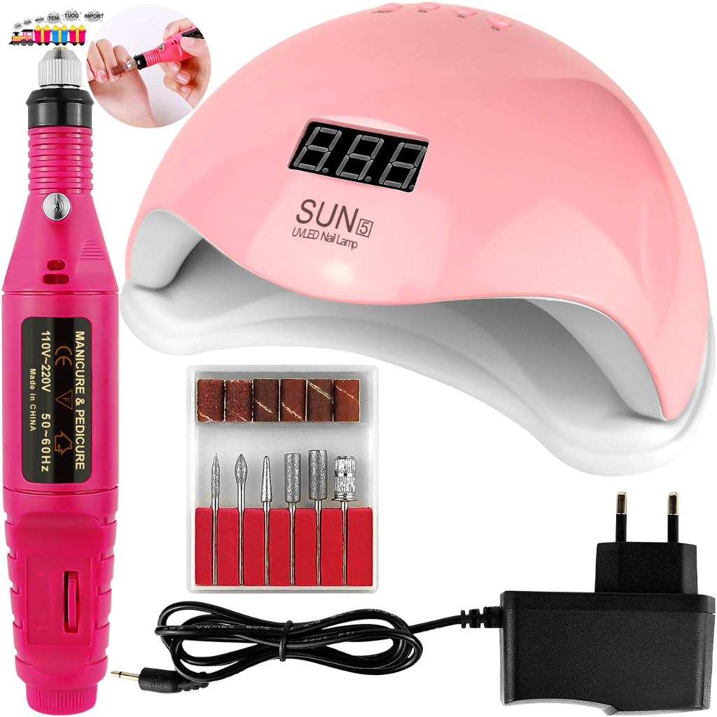 Kit Manicure Cabine Estufa 48W Sun 5 UV LED Lixadeira Elétrica Motor