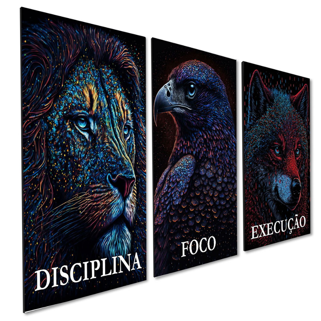 Kit 3 Quadros Decorativos Leão Água Lobo Disciplina Foco Execução