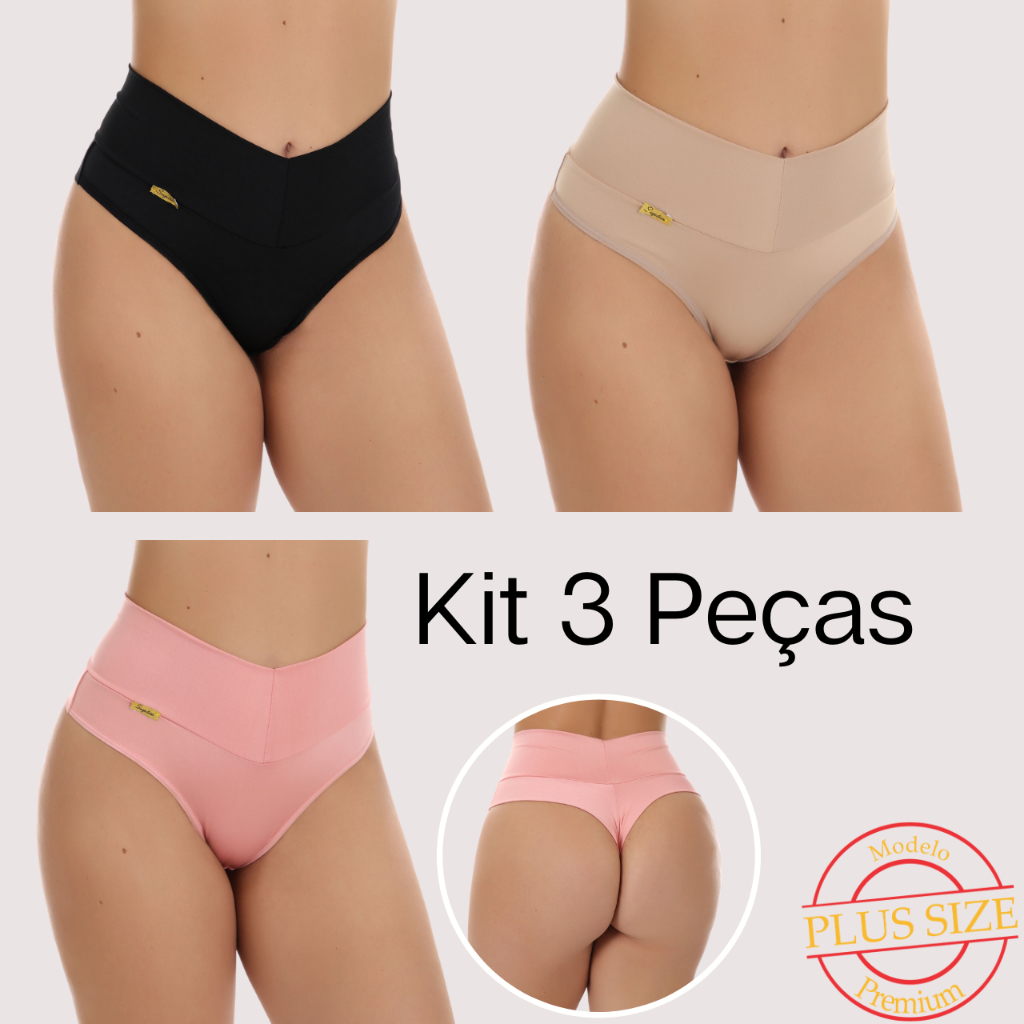 Kit 3 Calcinha Calçola Plus Size Cós Alto Fio Duplo Cintura Alta