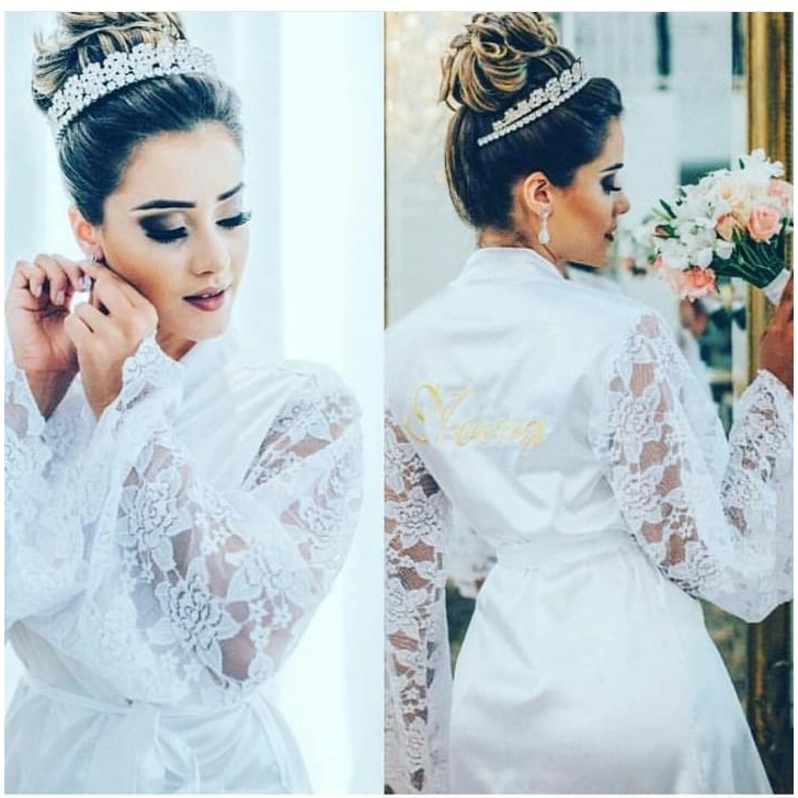 Robe Luxo Manga Inteira Em Renda Bordado Personalizado Casamento Noiva