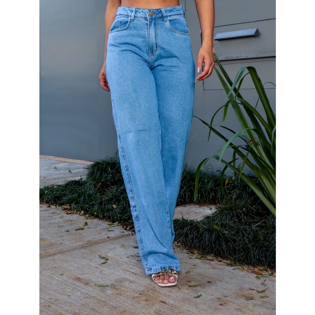 Calça Jeans Wide Leg Pantalona Feminina Cintura Alta tomada de