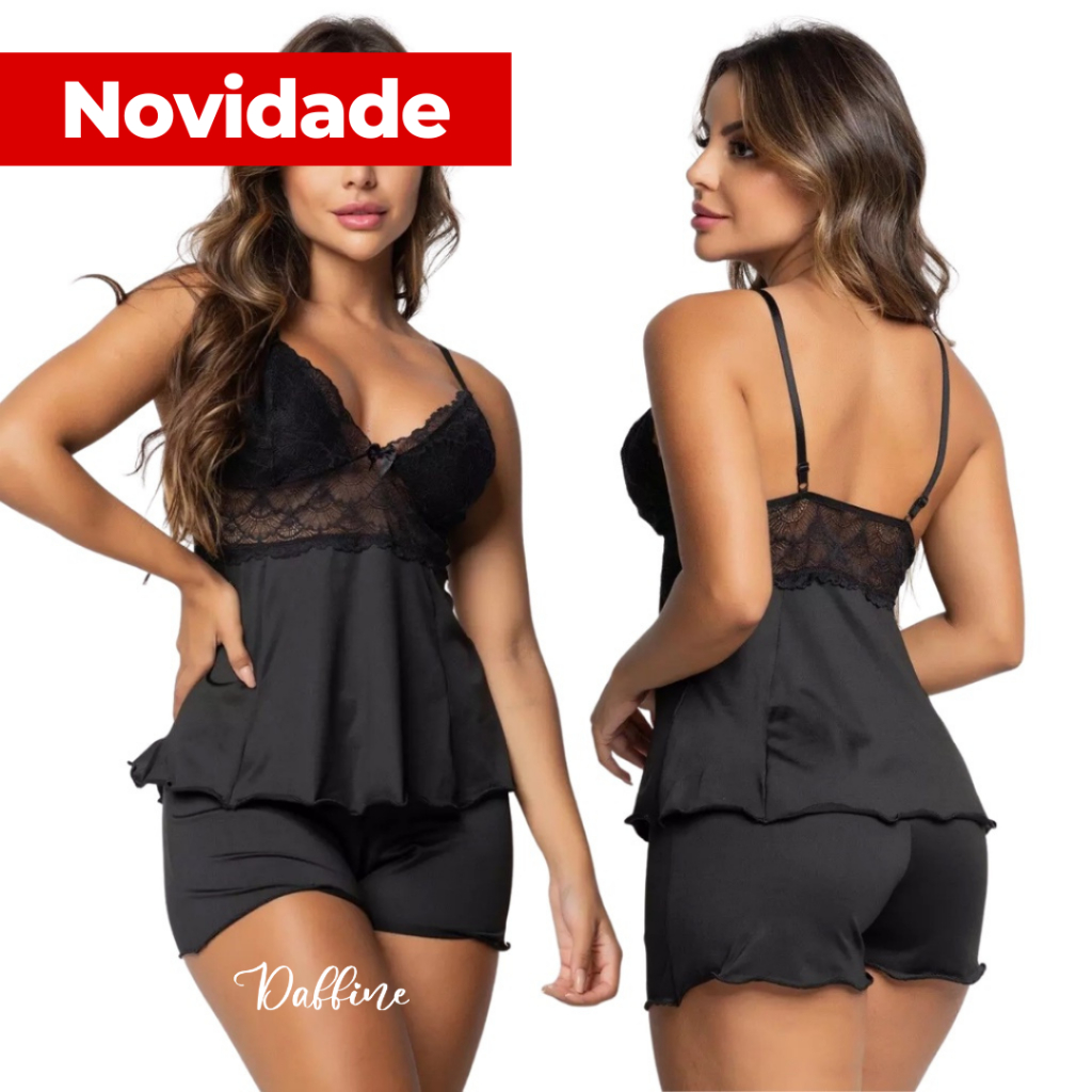 Pijama Baby Doll Sexy Short Doll Feminino Detalhe De Renda Luxo