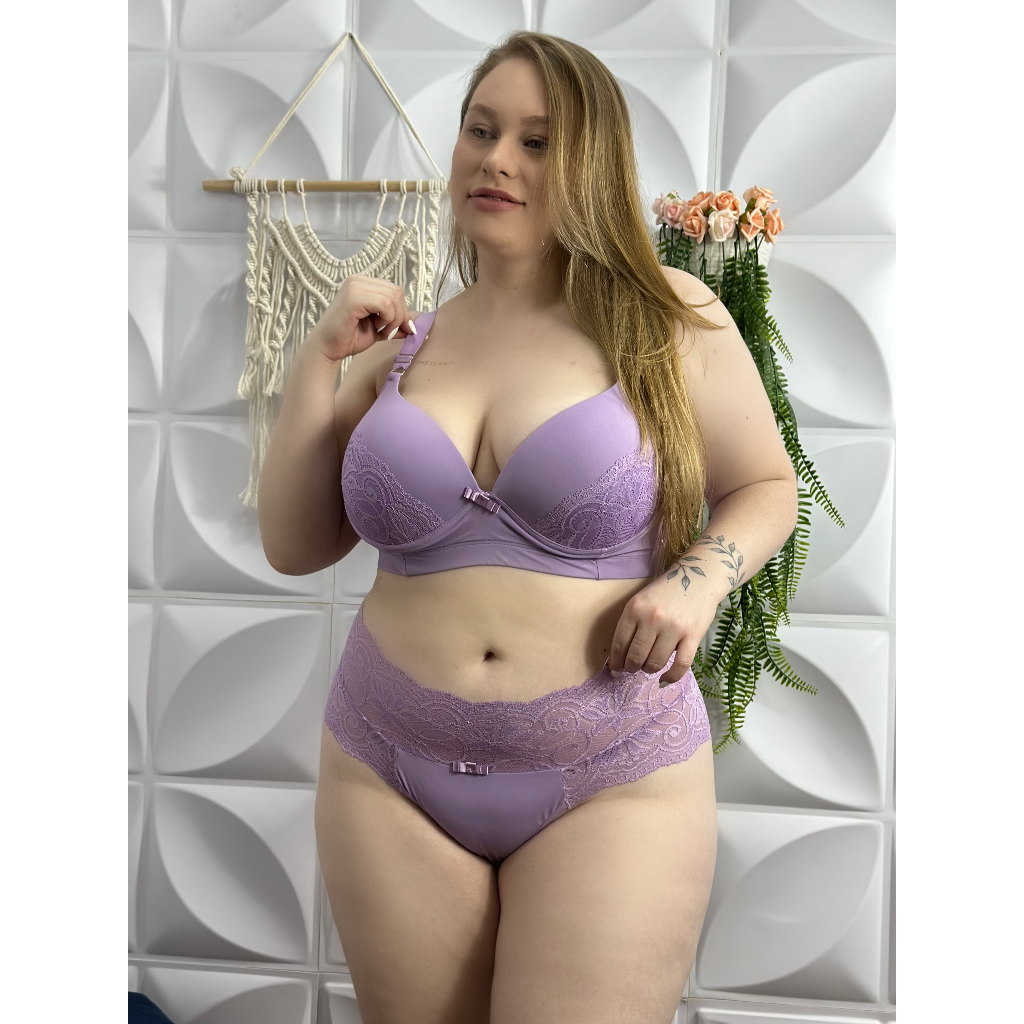 Conjunto Lingerie Plus Size Reforçado Microfibra e Renda Calcinha Hot