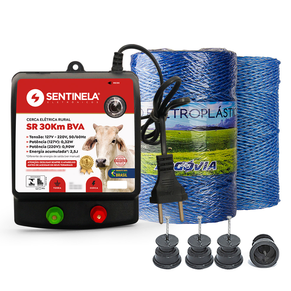 Kit Cerca Elétrica Rural Eletrificador SR30 250 500 ou 750 Metros de