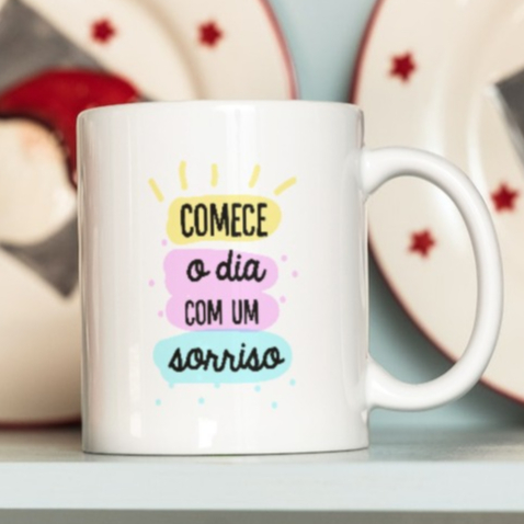 Caneca Porcelana Comece O Dia Um Sorriso Frases Motivacionais Pan