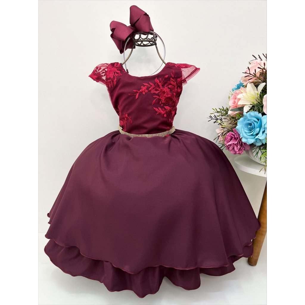 Vestido Infantil Marsala Renda Luxo Festa Princesa Casamento Formatura