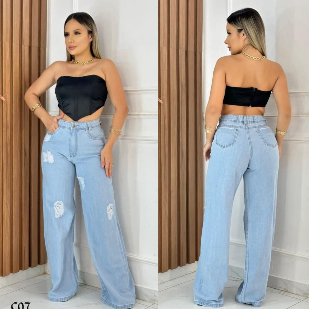 Cal A Jeans Feminina Wide Leg Pantalona Cintura Alta Tecido Shopee Brasil