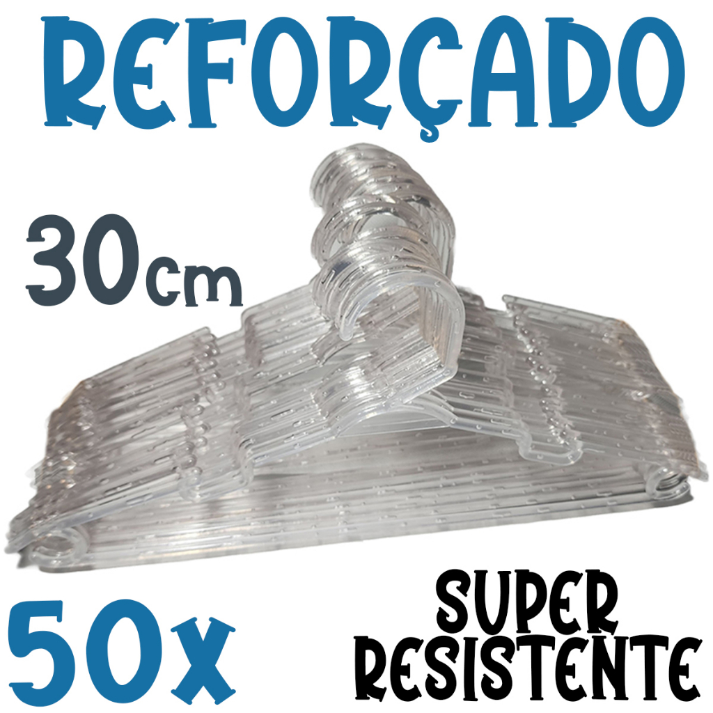 Kit 50 Cabides Infantil Reforçado Transparente Acrilico Bebê 30cm