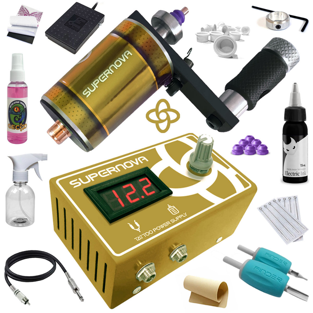 Kit Tatuagem Supernova Gold c Máquina Rotativa 100 Alumínio Fonte