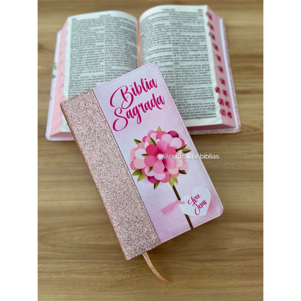 Biblia Premium glitter Nude flor Letras Grandes Evangélica Harpa E