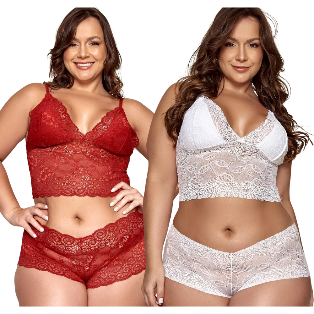 Kit 2 Conjunto Lingerie Renda Espera Marido Sensual Plus Size Cropped E
