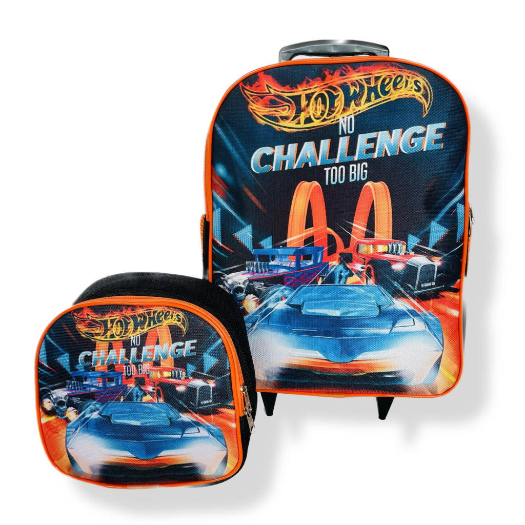 Kit Mochila Escolar Infantil De Rodinhas Hot Wheels M Lancheira