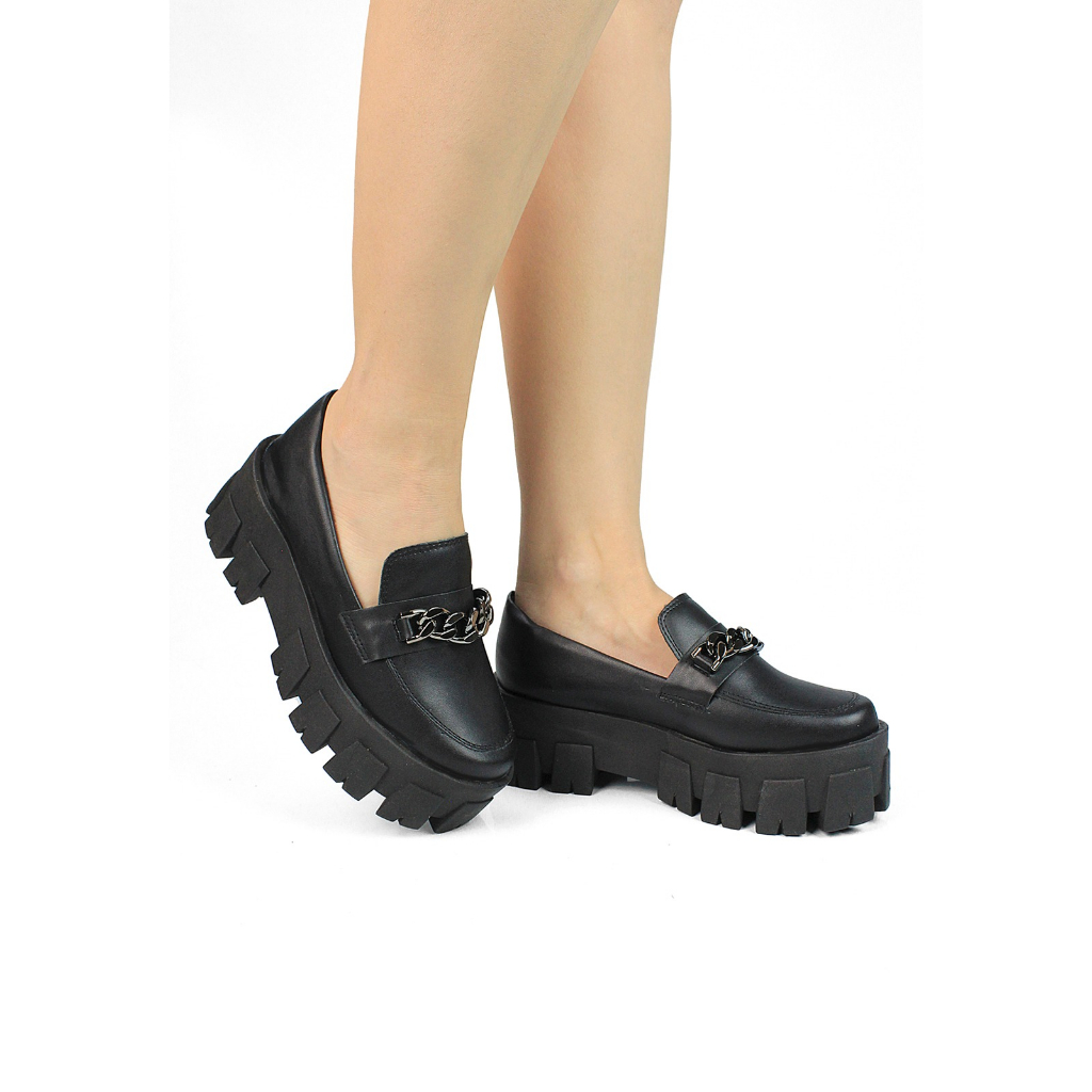 Sapato Feminino Mocassim Oxford Sola Tratorada Plataforma Corrente