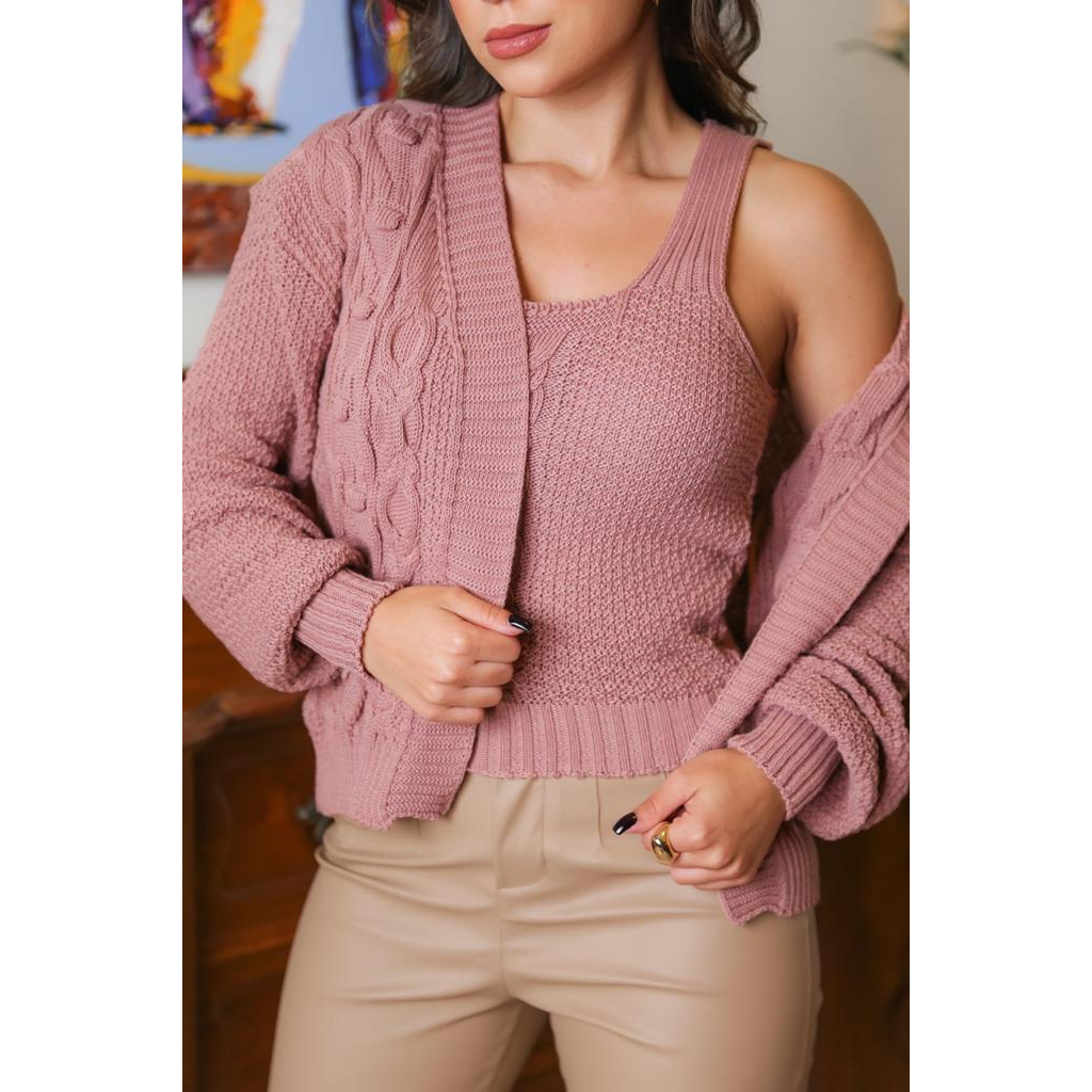 Conjunto Twin Set Inverno Tendência tricot Cardigan Regata conjunto