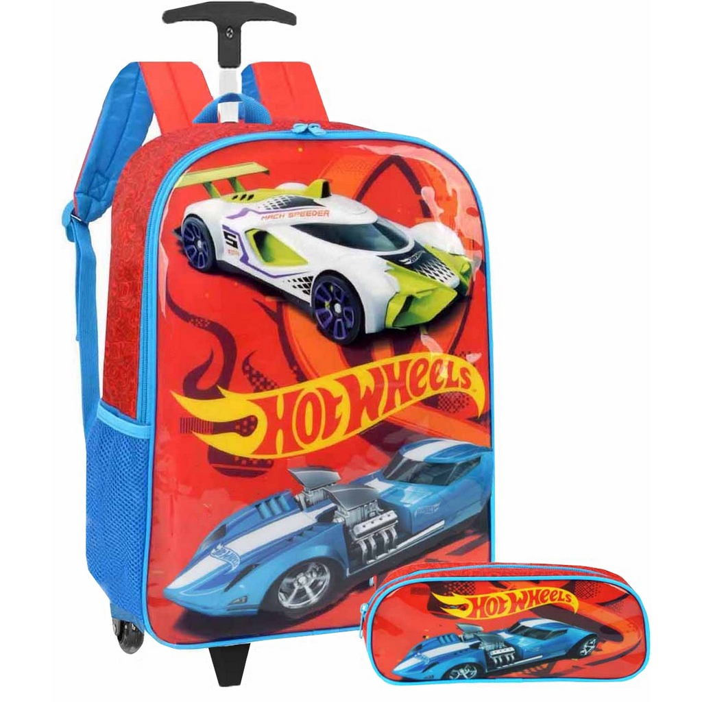 Kit Mochila Escolar Rodinhas Menino Infantil Hot Wheels Estampada