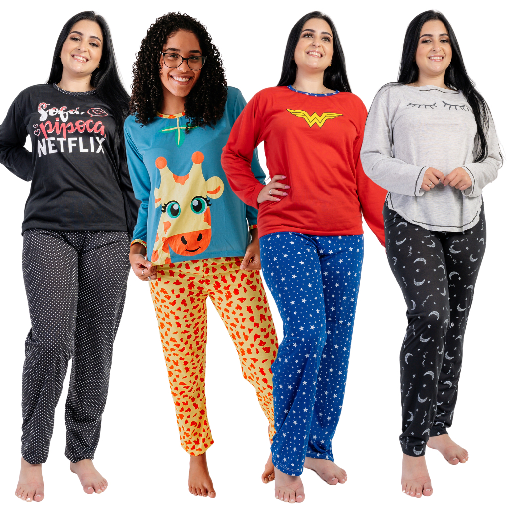 Pijama Longo Feminino Conjunto De Frio Personagem Roupa De Dormir