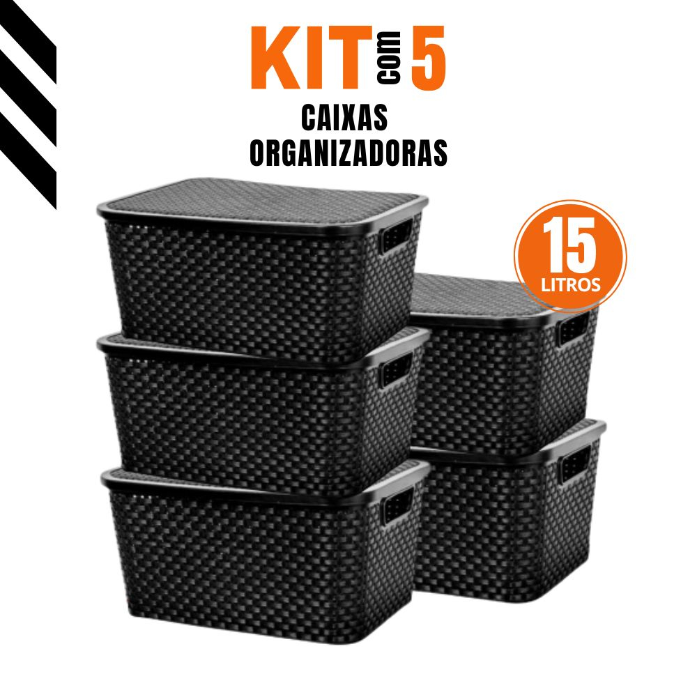 Kit 5 Caixas Cestos Tampa Organizador Rattan 15 Litros Arqplast