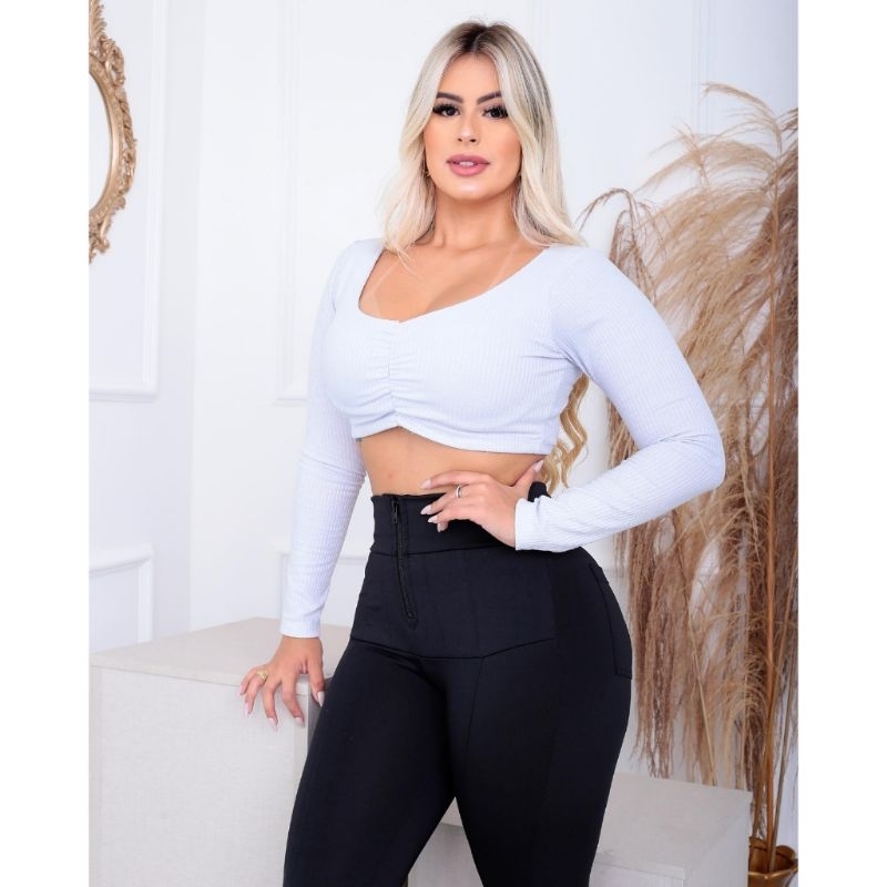 Calça Lipo Tecido Suplex Flanelada Legging Cinta Modeladora Preta