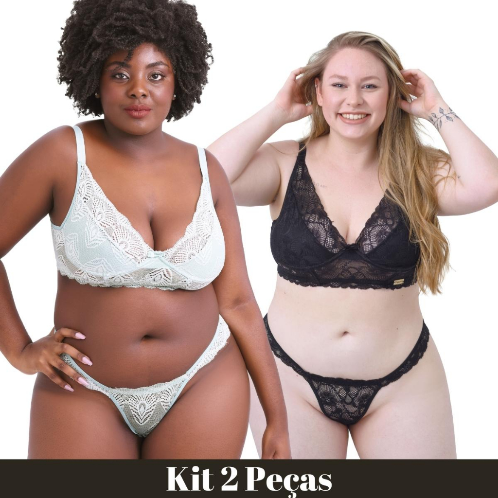 Kit 2 Lingerie Plus Size Sensual Calcinha Renda E Sutiã Sem Bojo