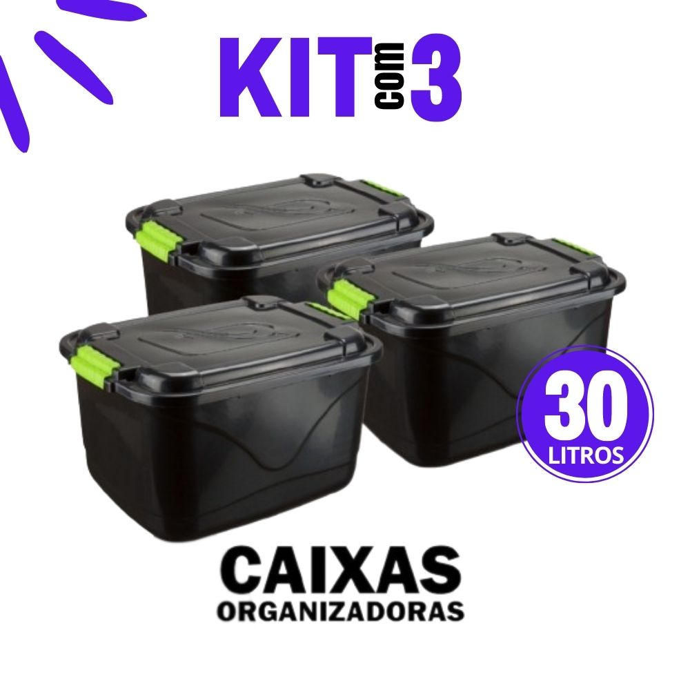 Kit 3 Caixas Organizadora C Tampa E Trava 30L Cestos Organizadora