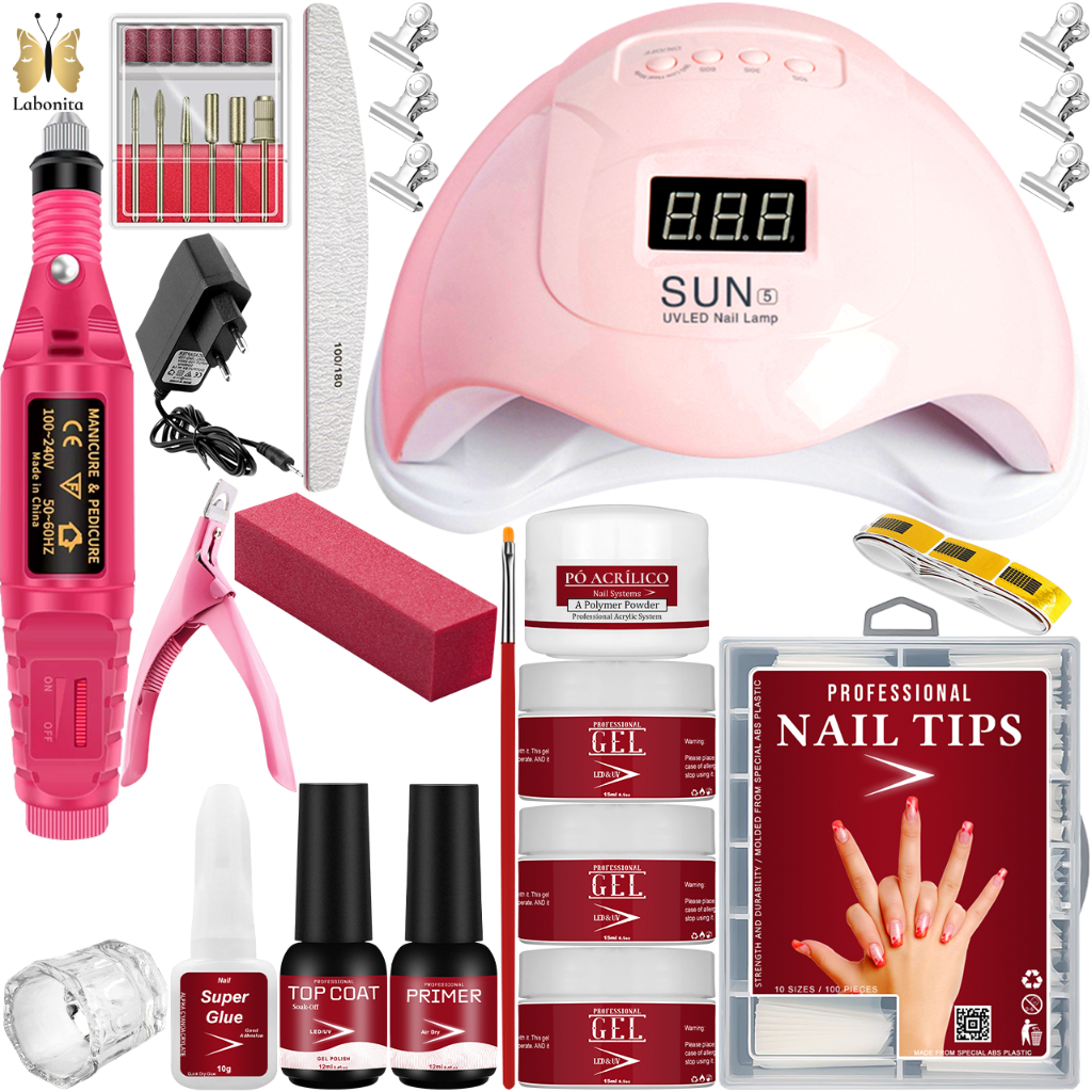 Kit Manicure Alongamento Unhas Profissional Lixadeira Motor Caneta