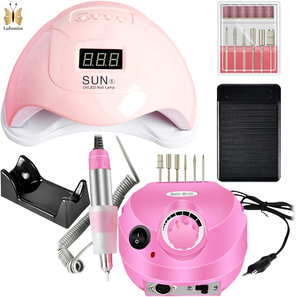 Kit Unhas Cabine Sun 5 Led Uv 48w Unha Lixa Lixadeira De Unhas Motor