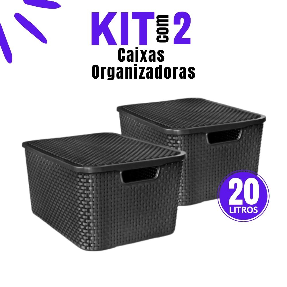 Kit 2 Caixas Organizadoras Rattan 20 Litros Tampa Preta Armário e