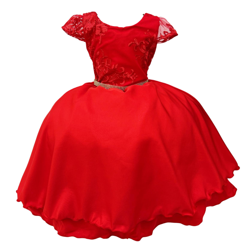 Vestido Infantil Vermelho Luxo Festa Cinto Strass Renda Rendado