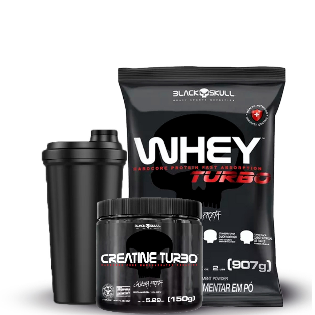 Kit Fitness Black Skull Whey Protein Turbo 907g Creatina