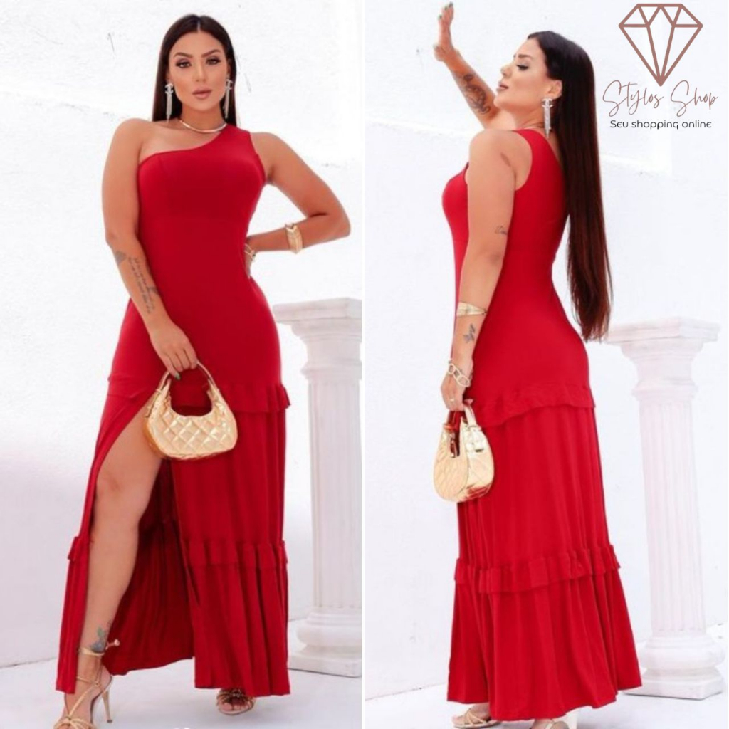 Vestido Longo De Festa Cor Vermelho Mula Manca Fenda Para