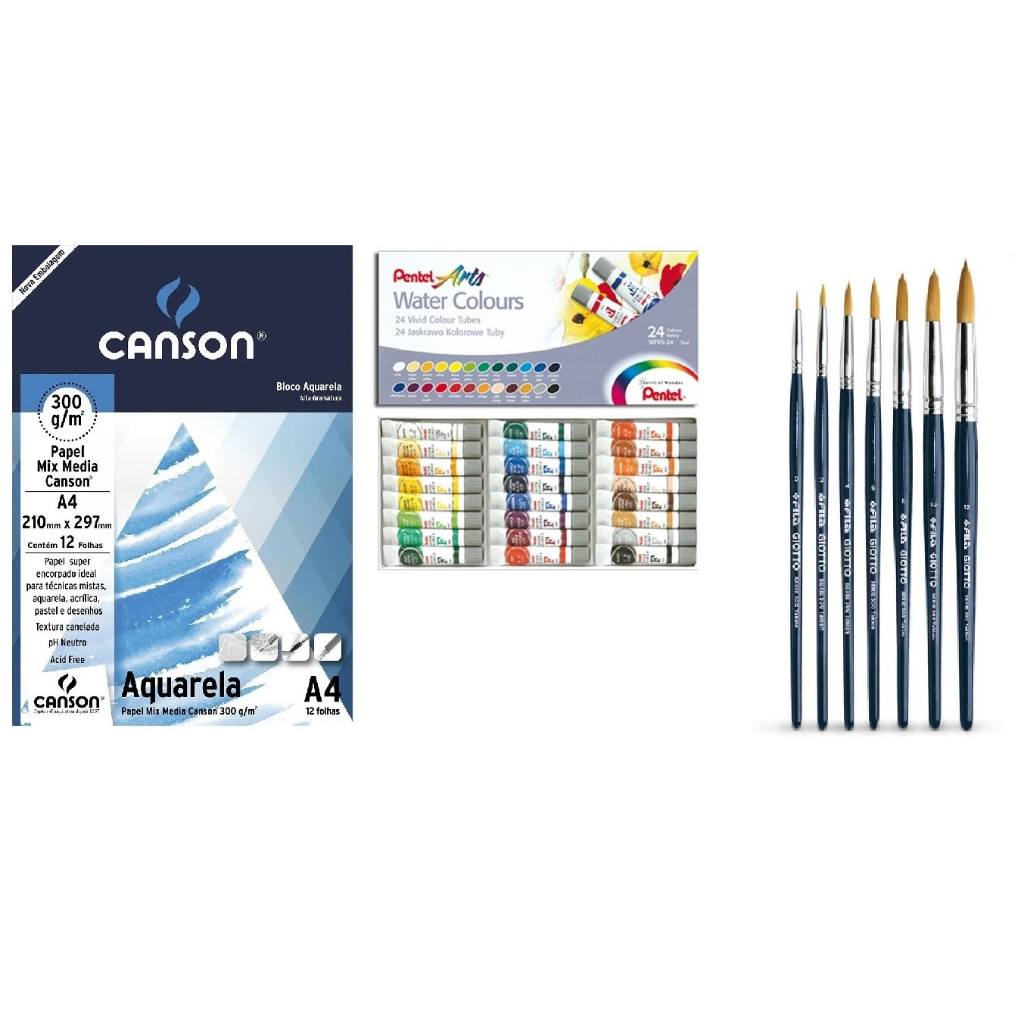 Kit Papel Canson Aquarela Aquarela Pentel Cores Pinceis Taklon