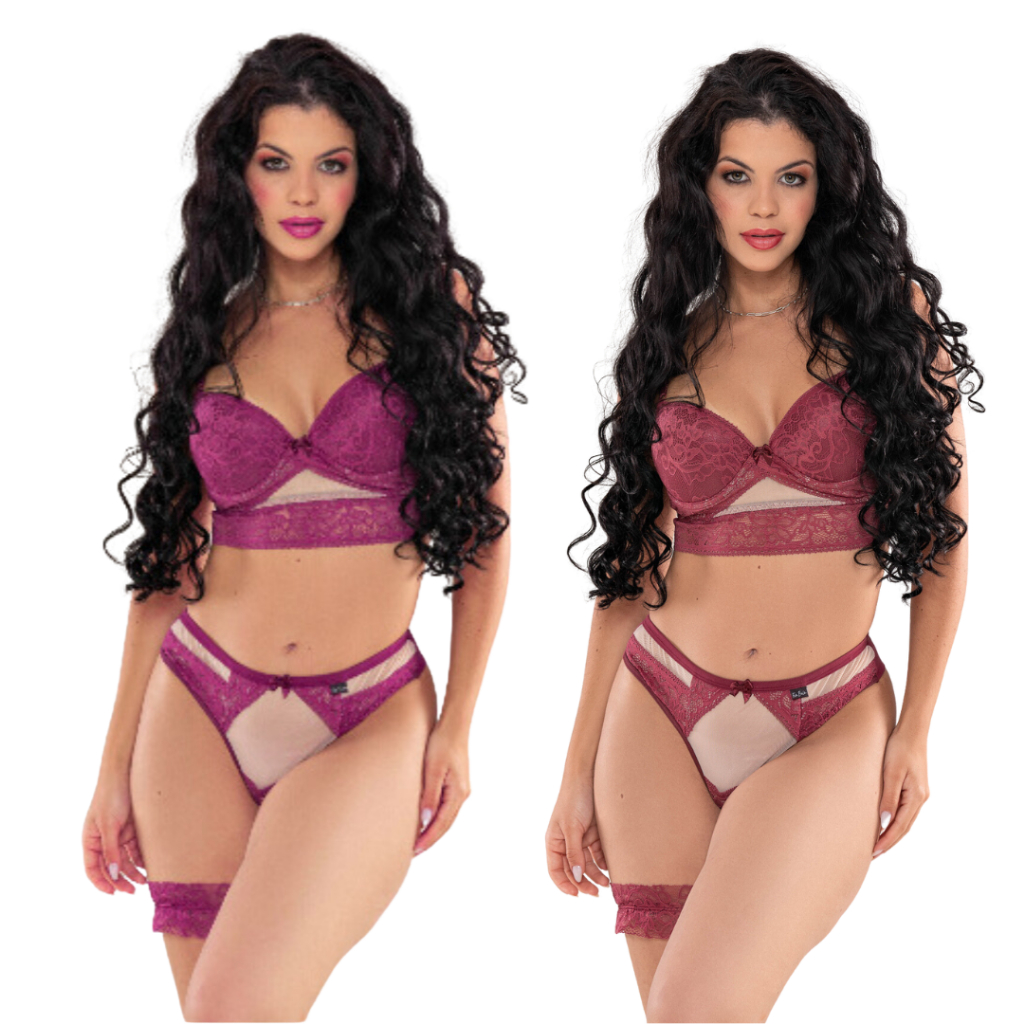 Kit Conjunto Bojo Sensual Renda Tule Sexy Calcinha Fio Duplo Lingerie