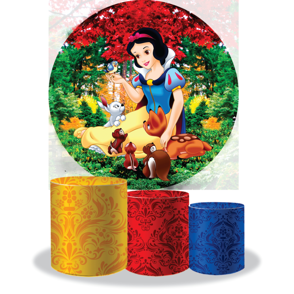 Kit Painel E Trio De Cilindro Branca De Neve Em Tecido Sublimado D