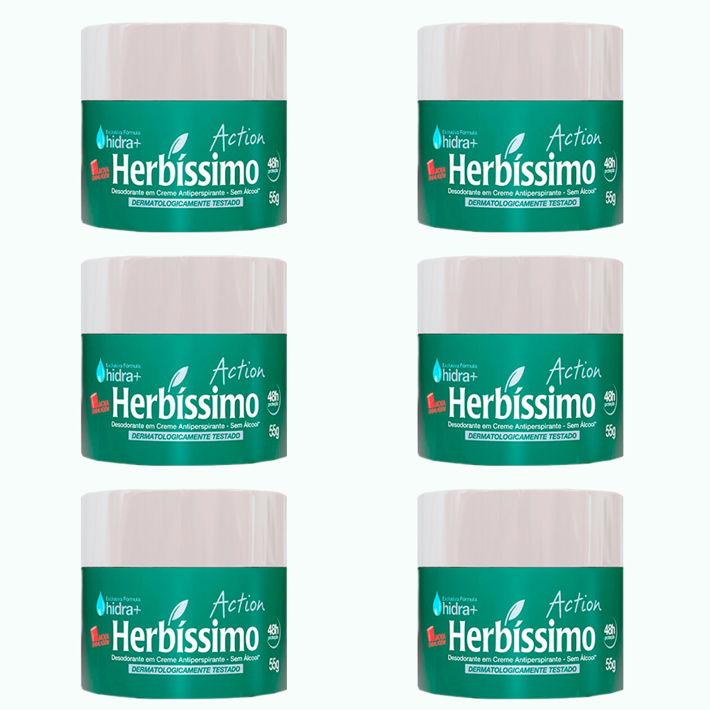 Kit C 6 Cremes Desodorante Antitranspirante Herbíssimo Action 55g