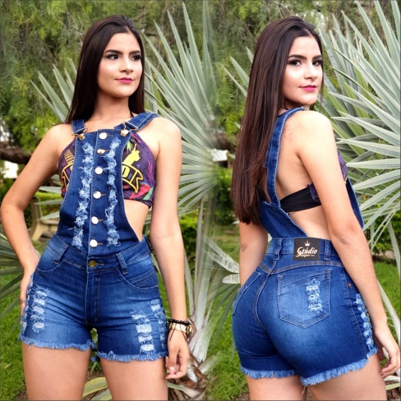 Macaquinho Studio Jeans Destroyer Feminina Lycra Strech C Rasgos