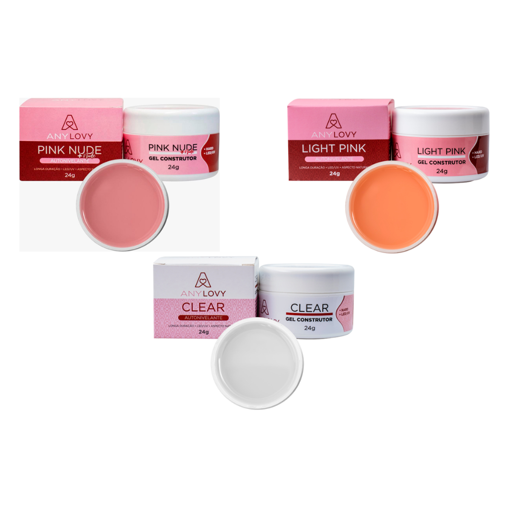 Kit Gel Para Unha ANYLOVY PINK NUDE MAIS NUDE LIGHT PINK E CLEAR 24g